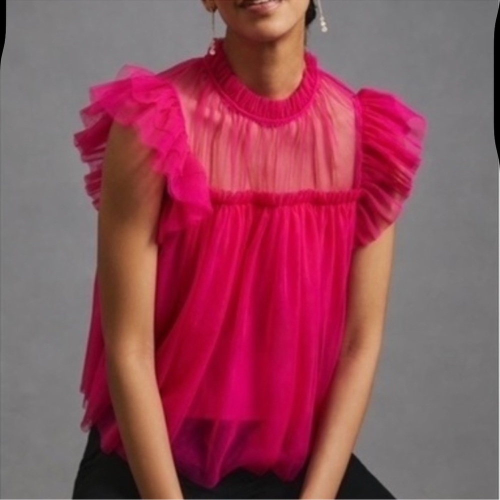 Anthro Sunday in Brooklyn Ruffled Mesh Short Sleeve Hot Pink Top